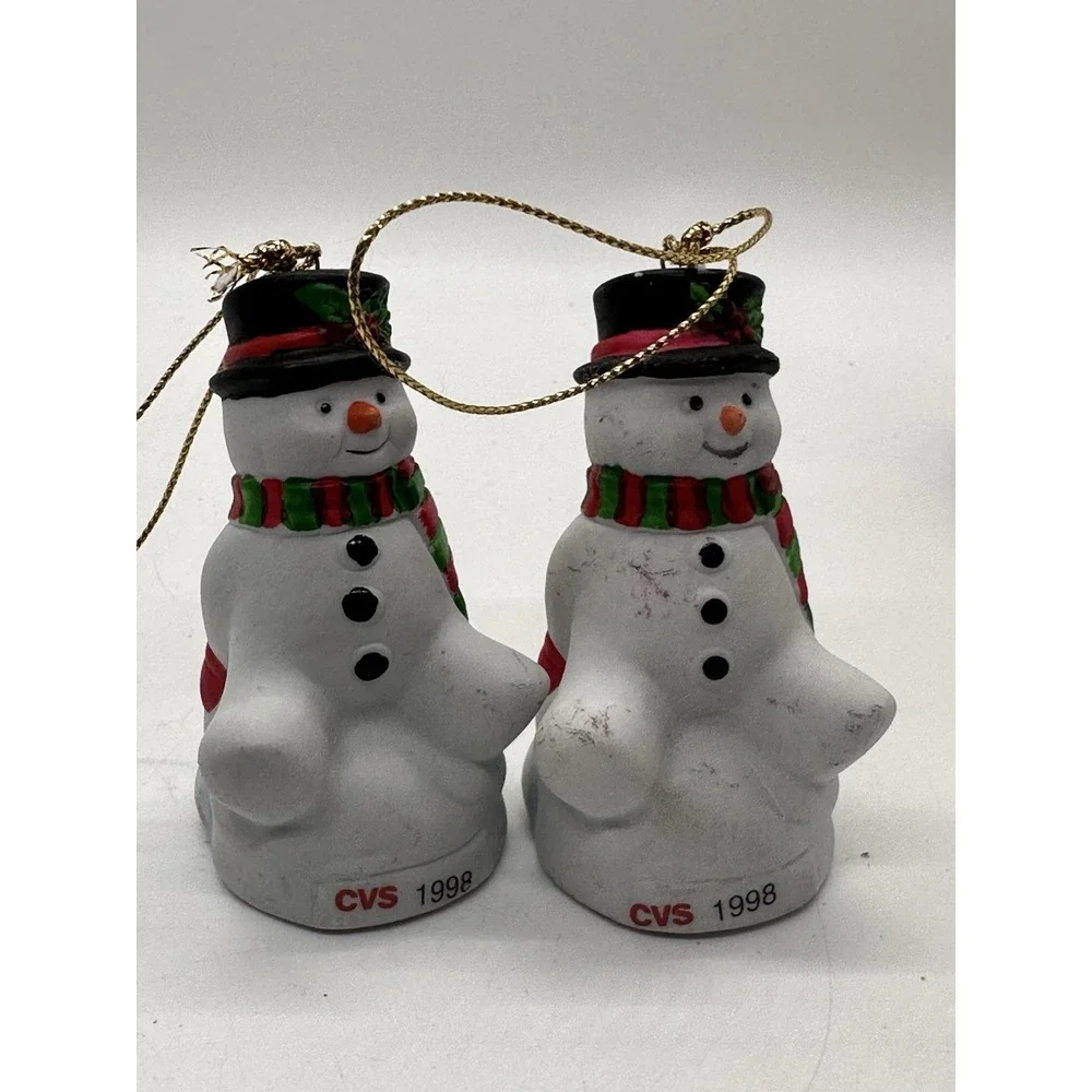 2x VTG Snowman Ceramic‎ Christmas Ornament 1998 CVS Traditions Porcelain